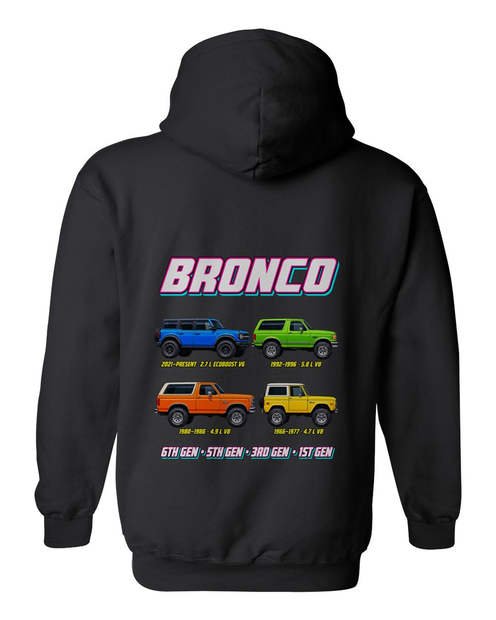 Ford Bronco evolution poster black pull over hoodie back view with the design