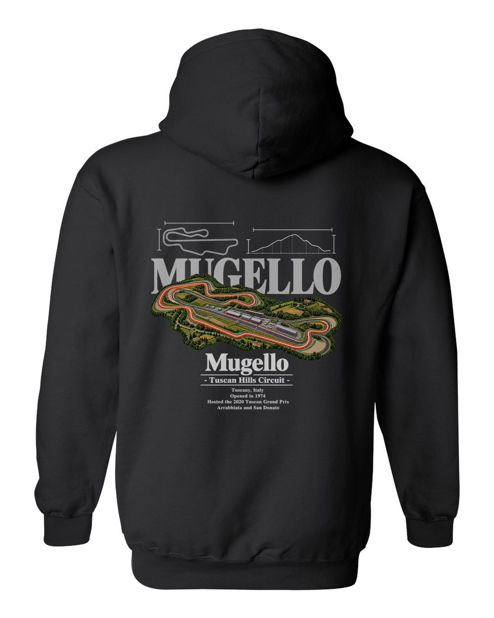 Mugello black pull over hoodie back view with the design