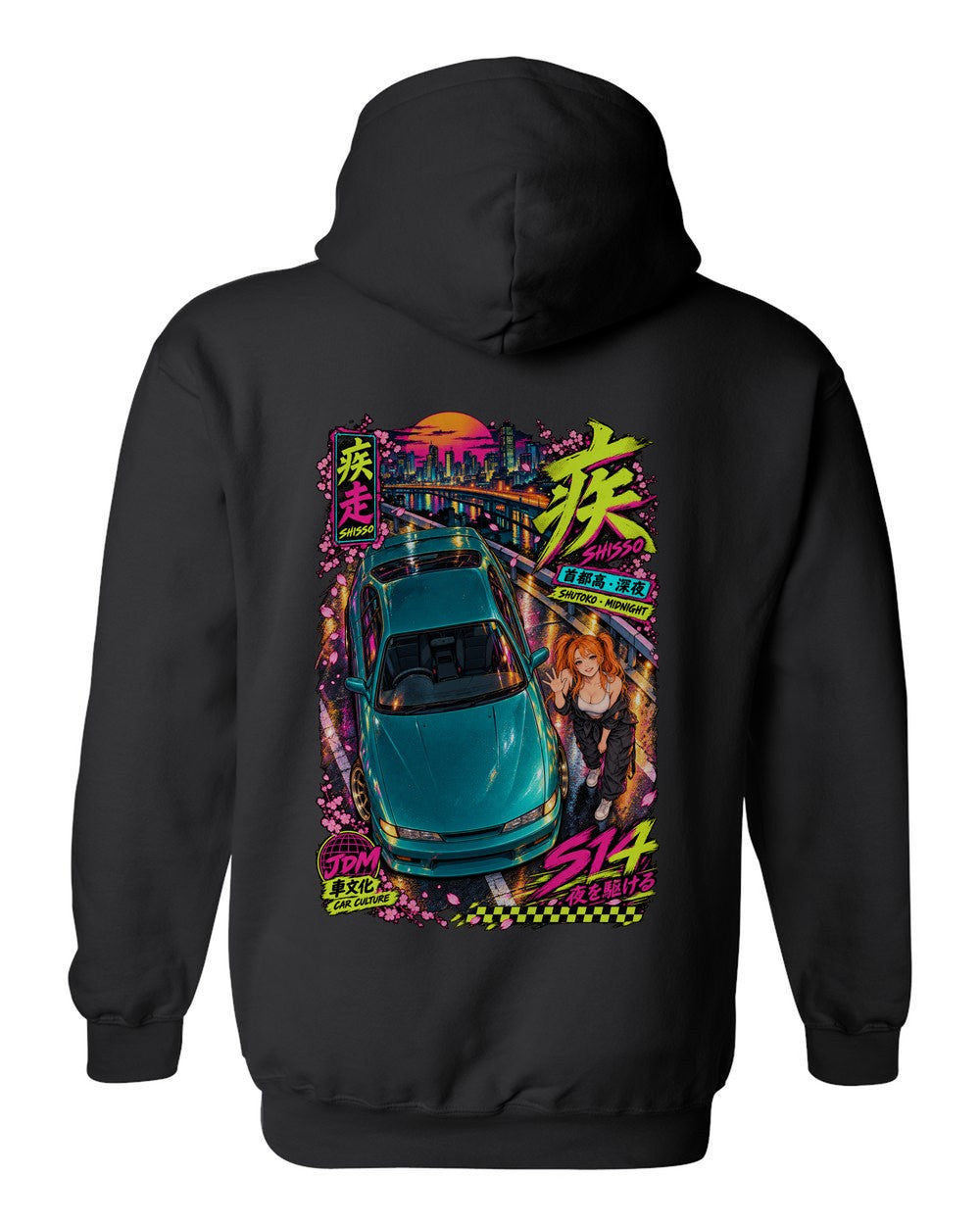 SHISSO S14 full-back artwork black pull over hoodie back view with the design