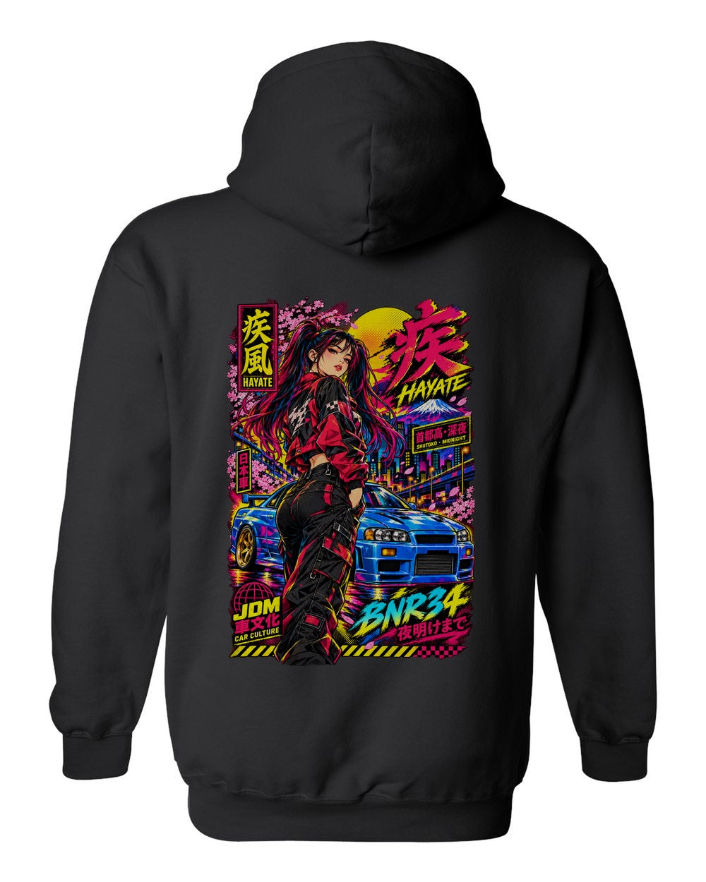 HAYATE BNR34 full-back artwork black pull over hoodie back view with the design