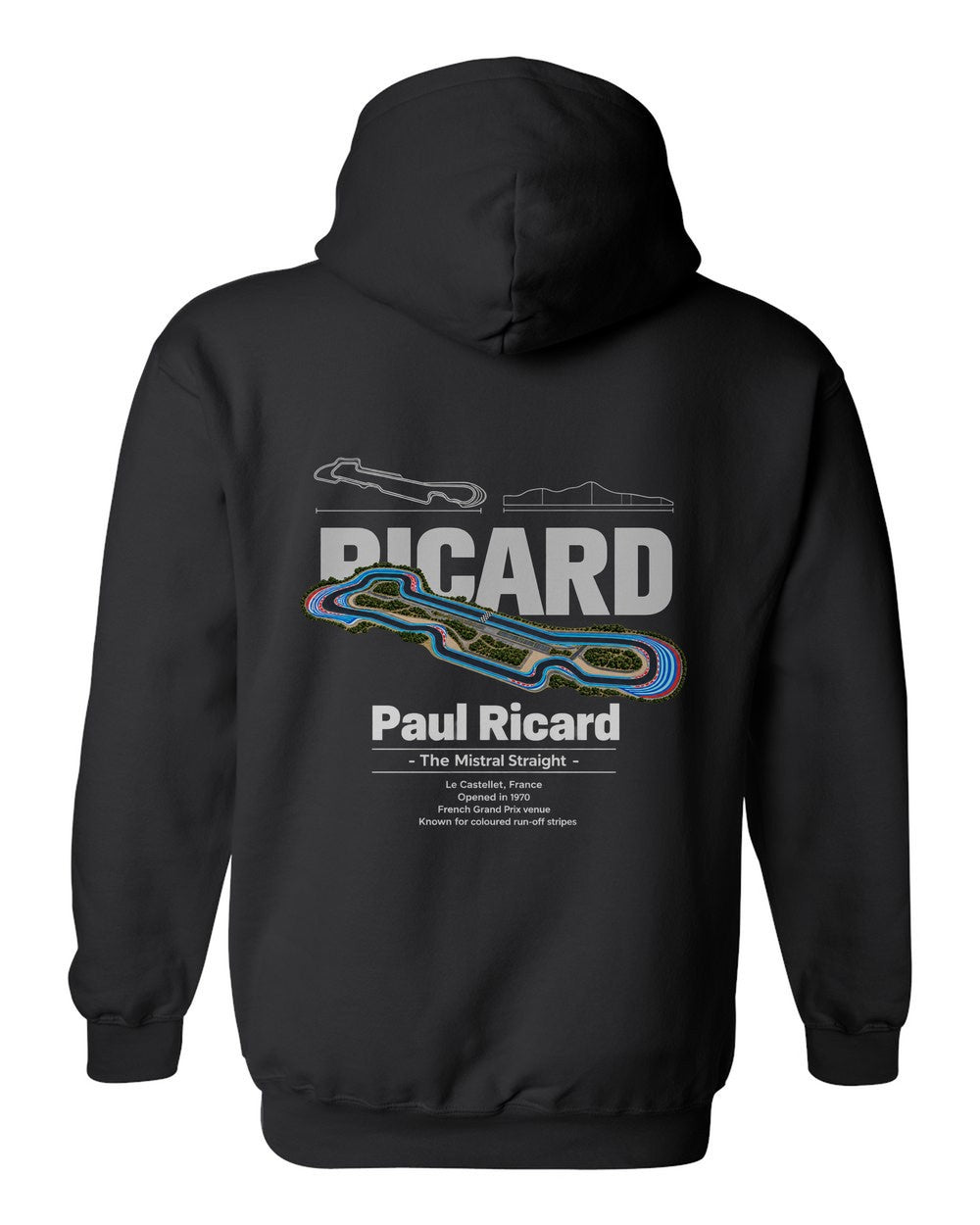 Paul Ricard black pull over hoodie back view with the design
