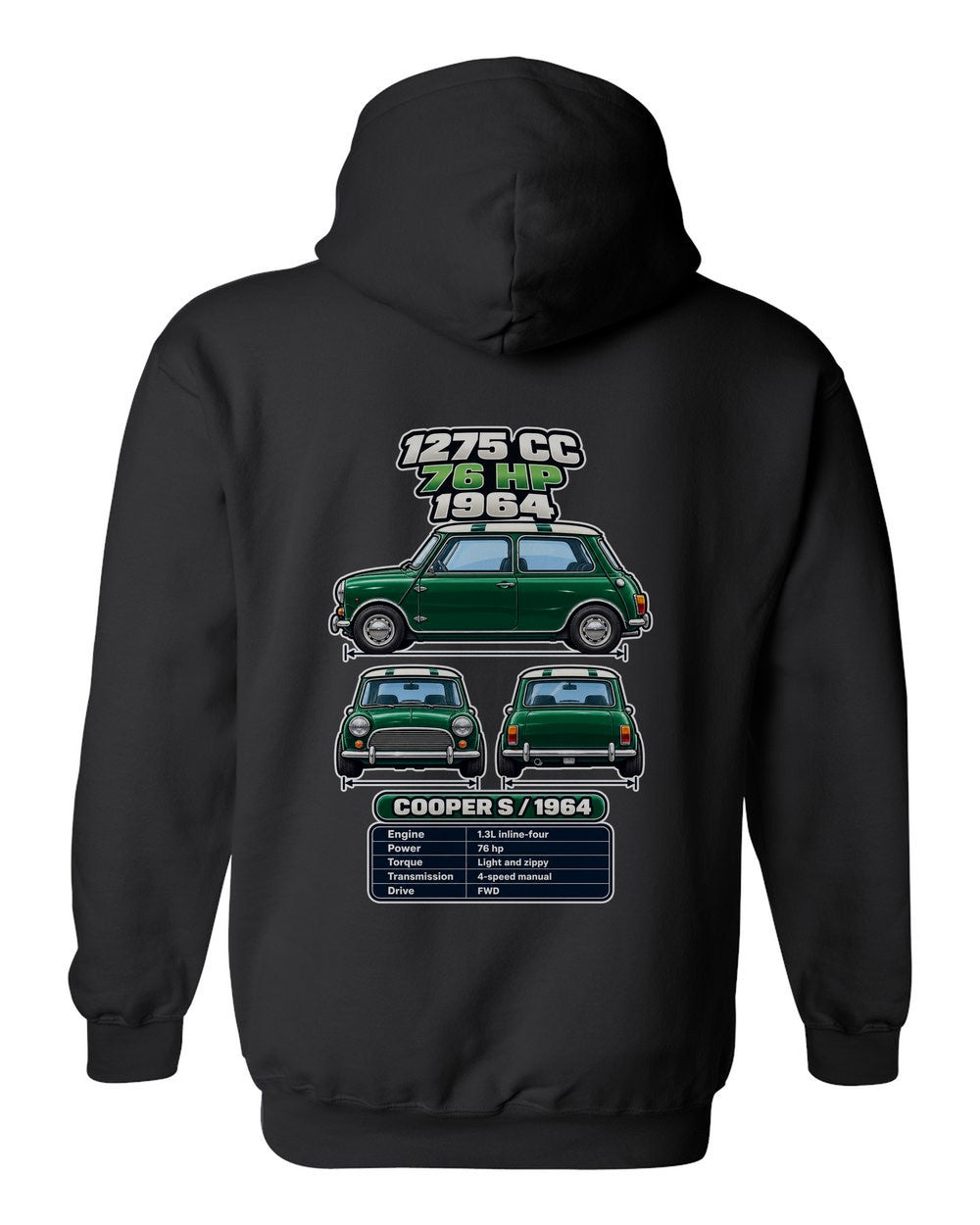 Classic Mini Cooper S spec sheet black pull over hoodie back view with the design