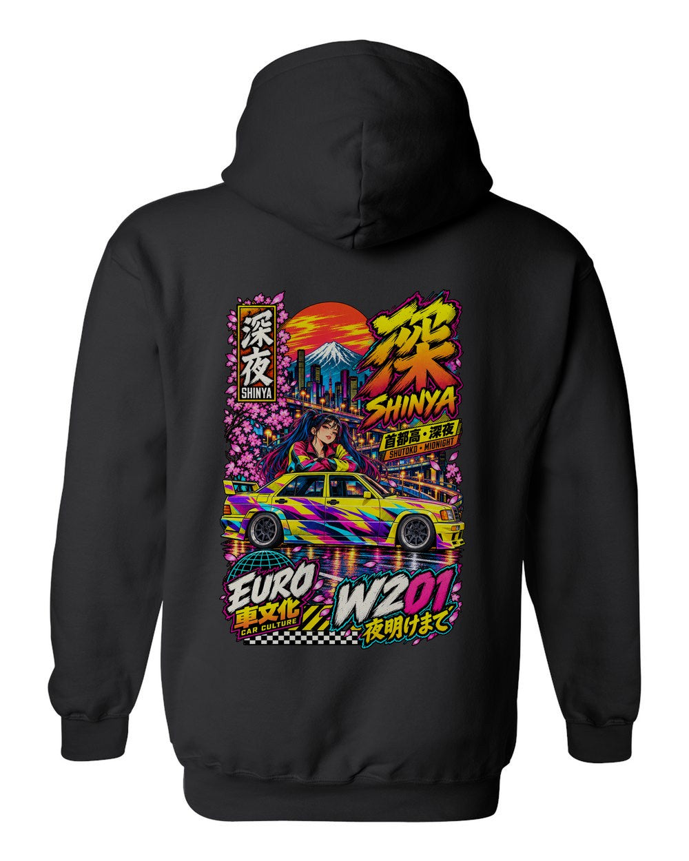 SHINYA W201 full-back artwork black pull over hoodie back view with the design