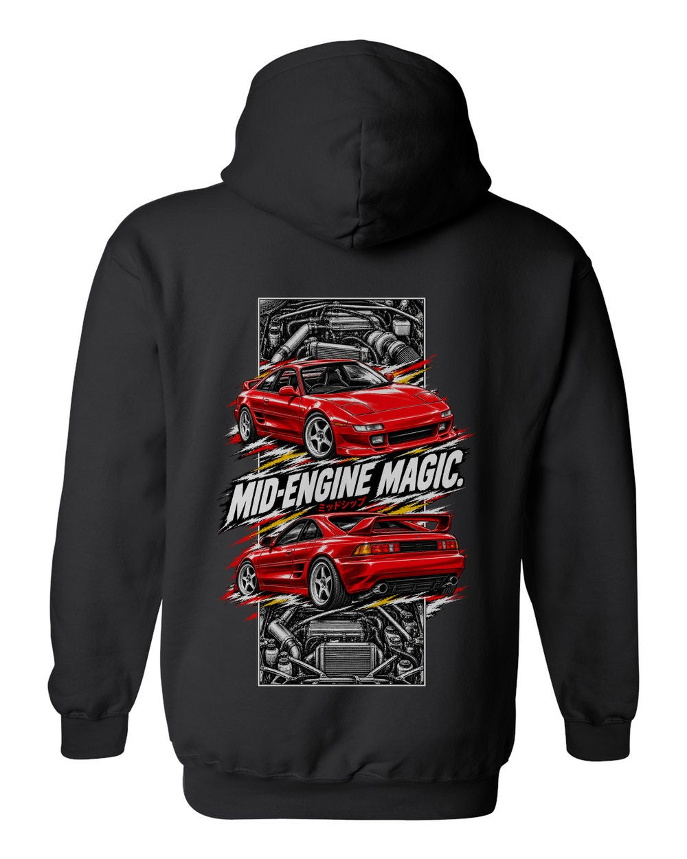 Toyota Mr2 Sw20 torn poster black pull over hoodie back view with the design