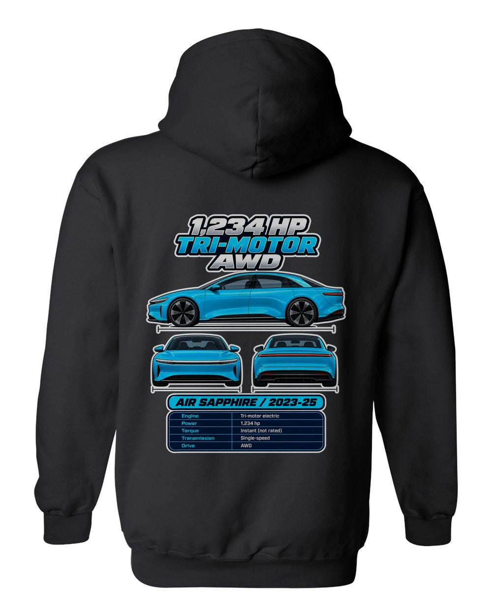 Lucid Air Sapphire spec sheet black pull over hoodie back view with the design