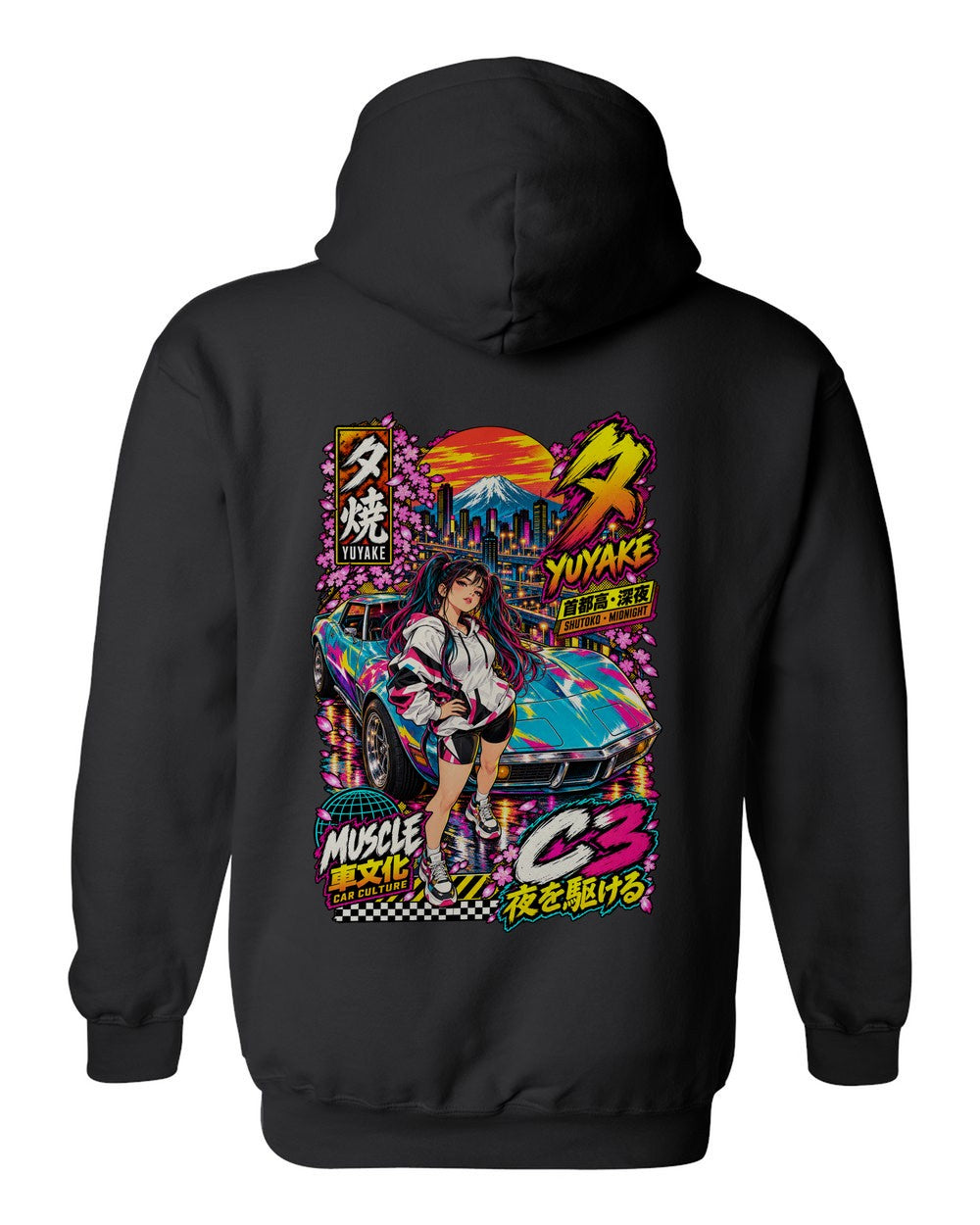 YUYAKE C3 full-back artwork black pull over hoodie back view with the design
