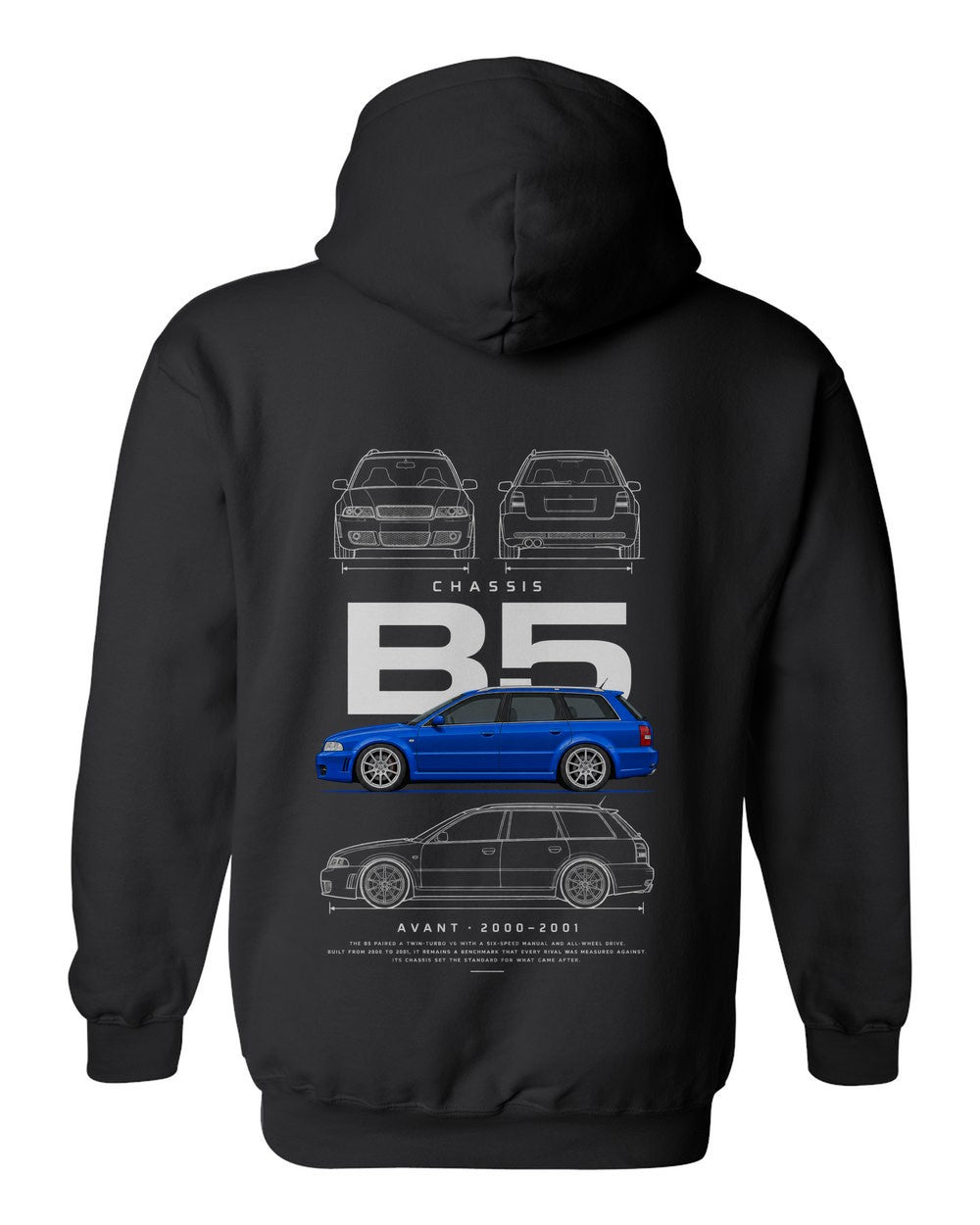 B5 full-back artwork black pull over hoodie back view with the design