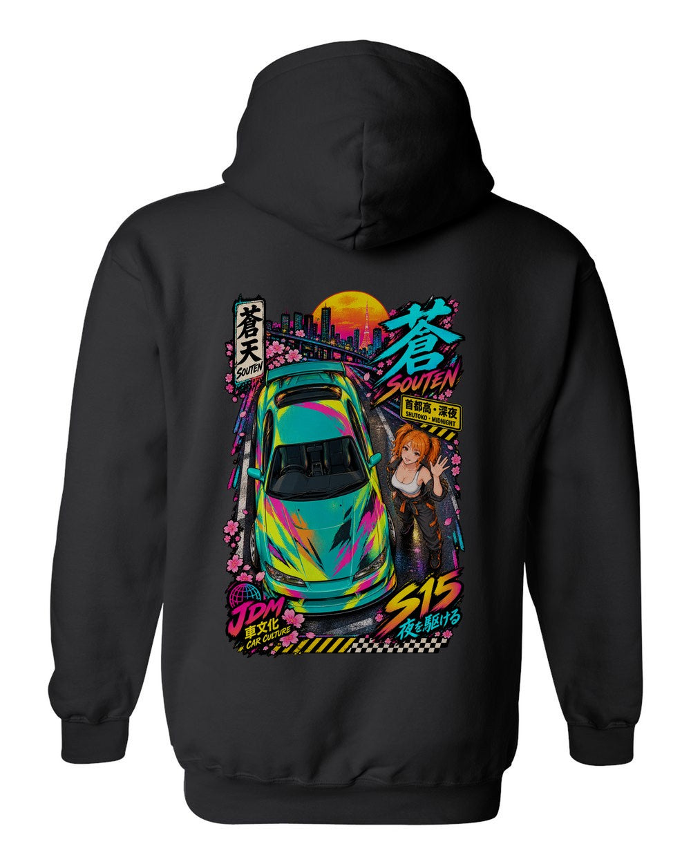 SOUTEN S15 full-back artwork black pull over hoodie back view with the design