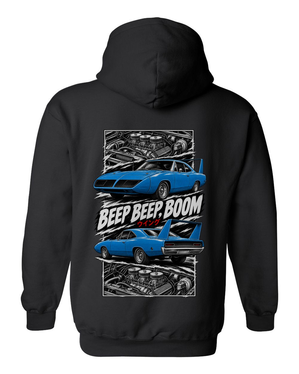 Plymouth Superbird torn poster black pull over hoodie back view with the design
