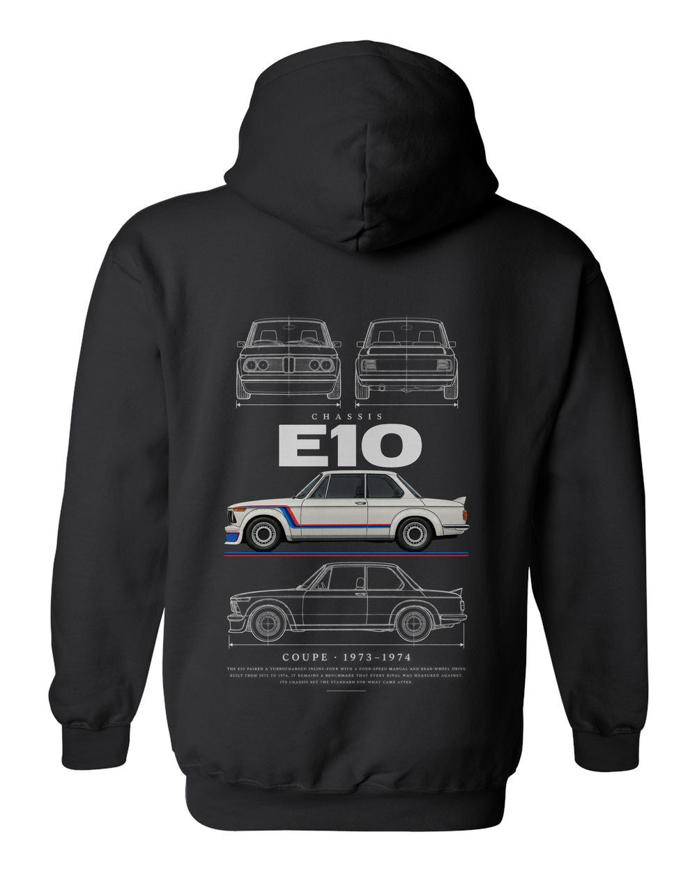 E10 full-back artwork black pull over hoodie back view with the design