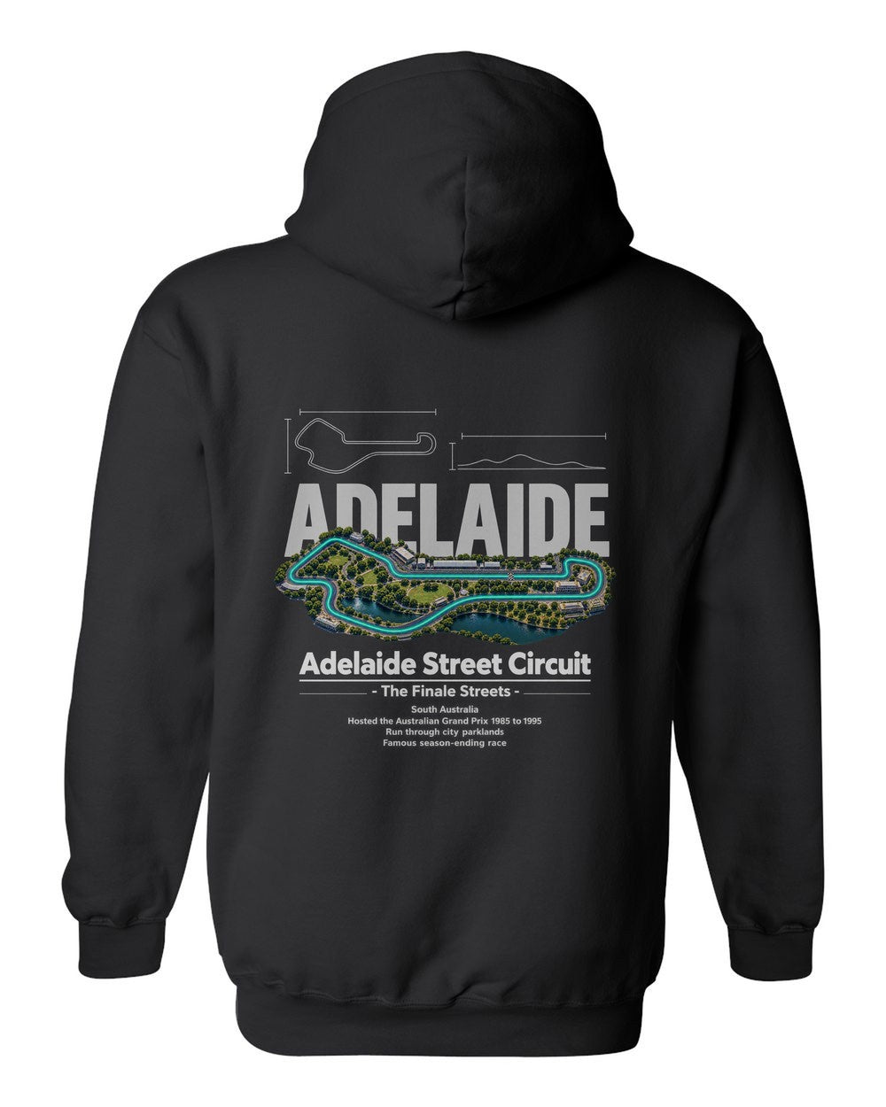 Adelaide Street Circuit black pull over hoodie back view with the design