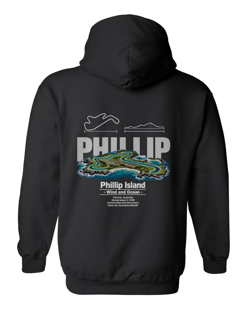 Phillip Island black pull over hoodie back view with the design