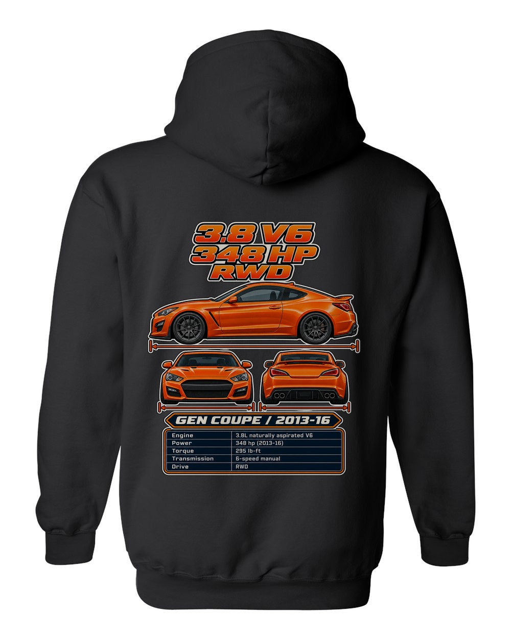 Hyundai Genesis Coupe 38 spec sheet black pull over hoodie back view with the design