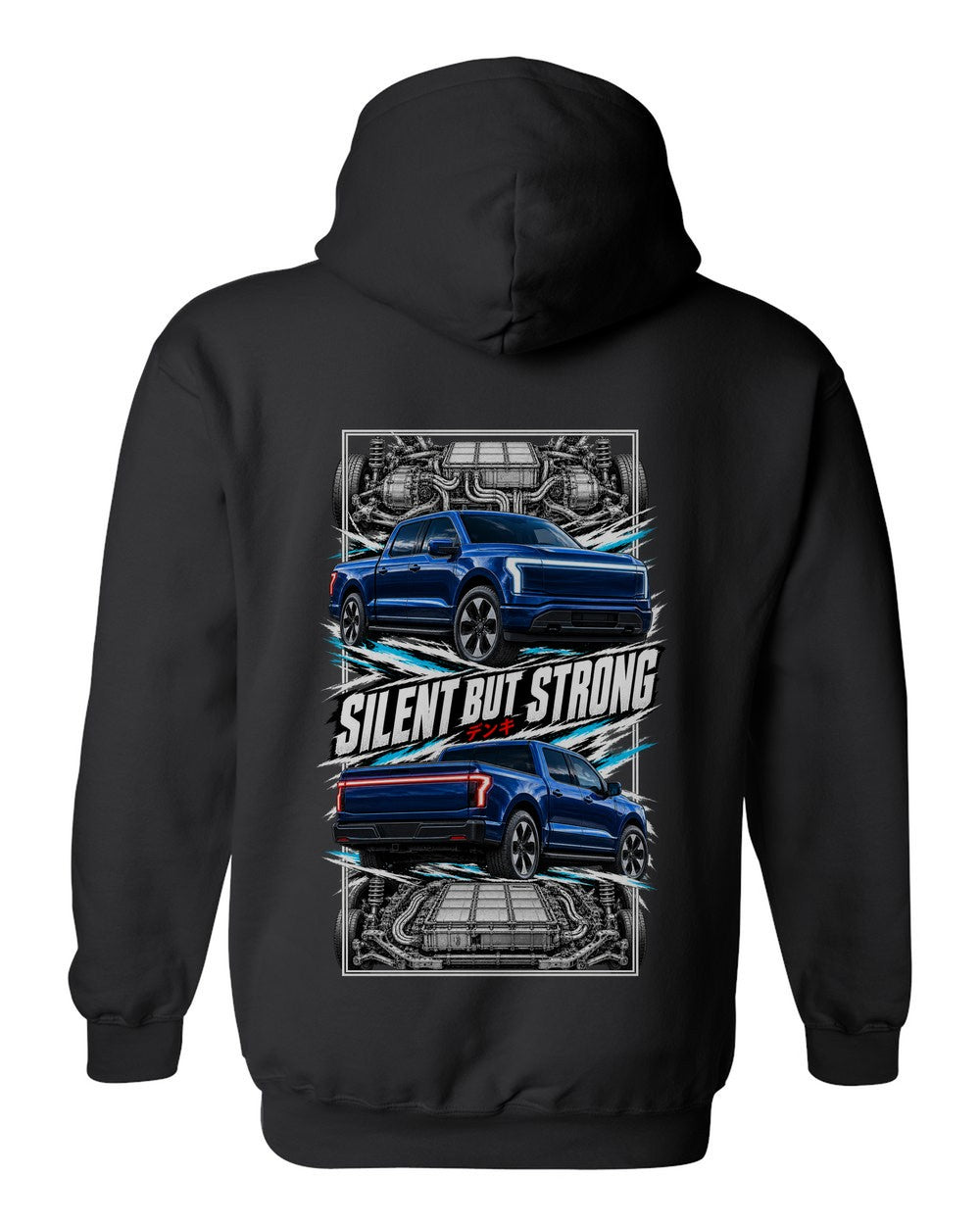 Ford F-150 Lightning torn poster black pull over hoodie back view with the design