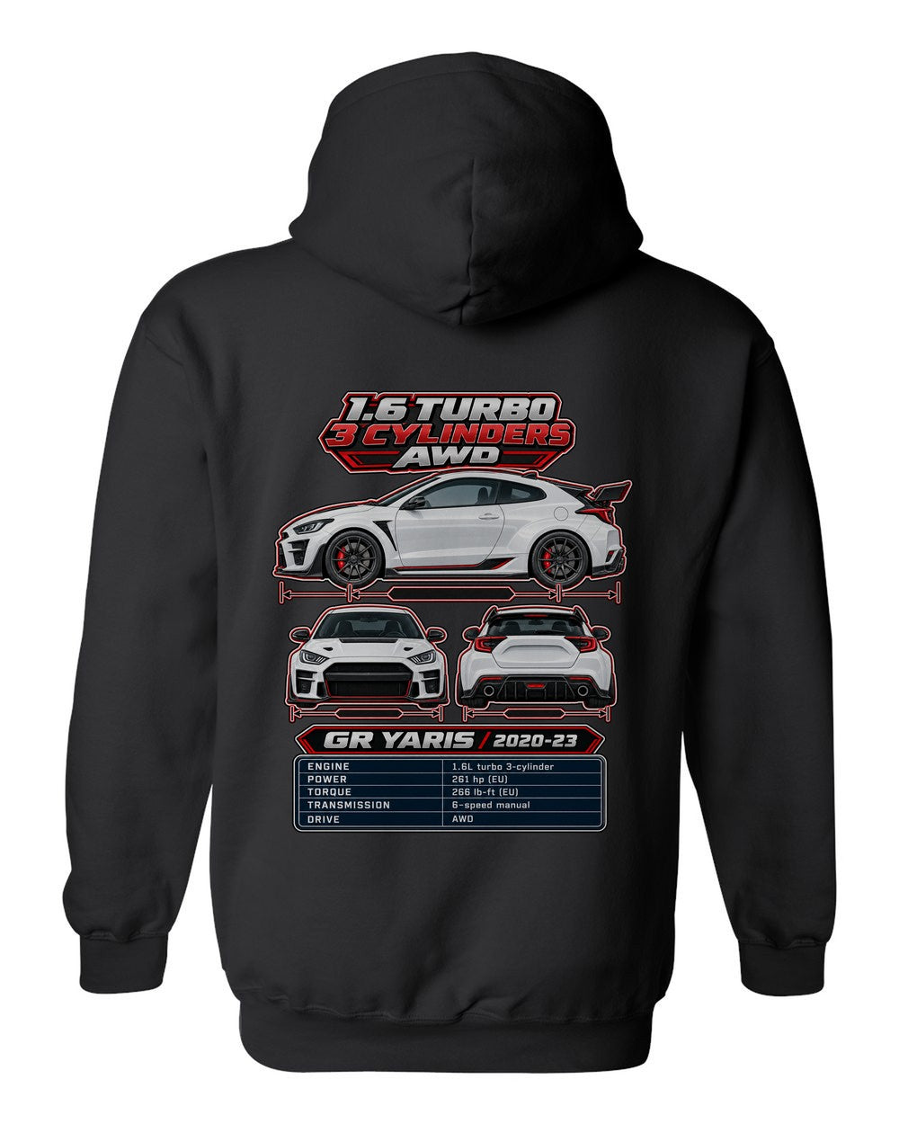 Toyota GR Yaris spec sheet black pull over hoodie back view with the design