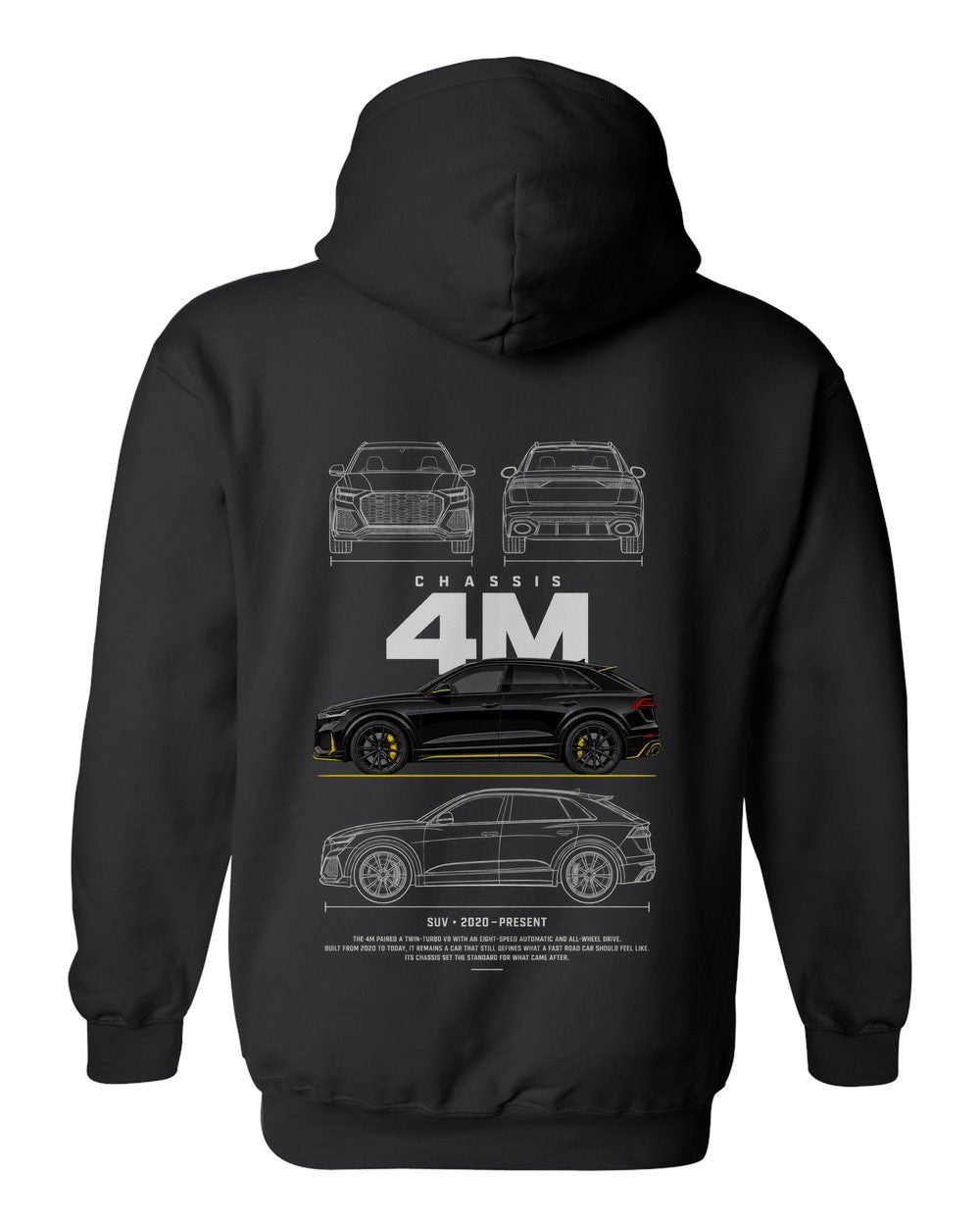 4M full-back artwork black pull over hoodie back view with the design