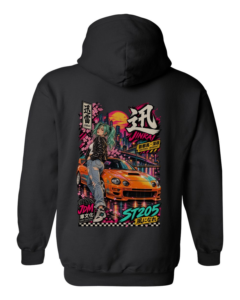 JINRAI ST205 full-back artwork black pull over hoodie back view with the design