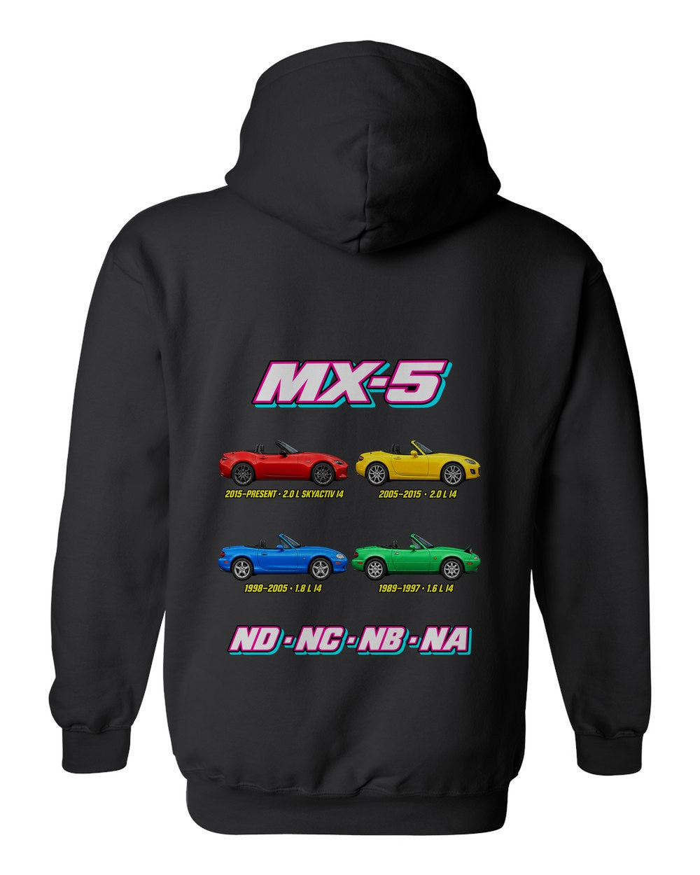 Mazda MX-5 evolution poster black pull over hoodie back view with the design