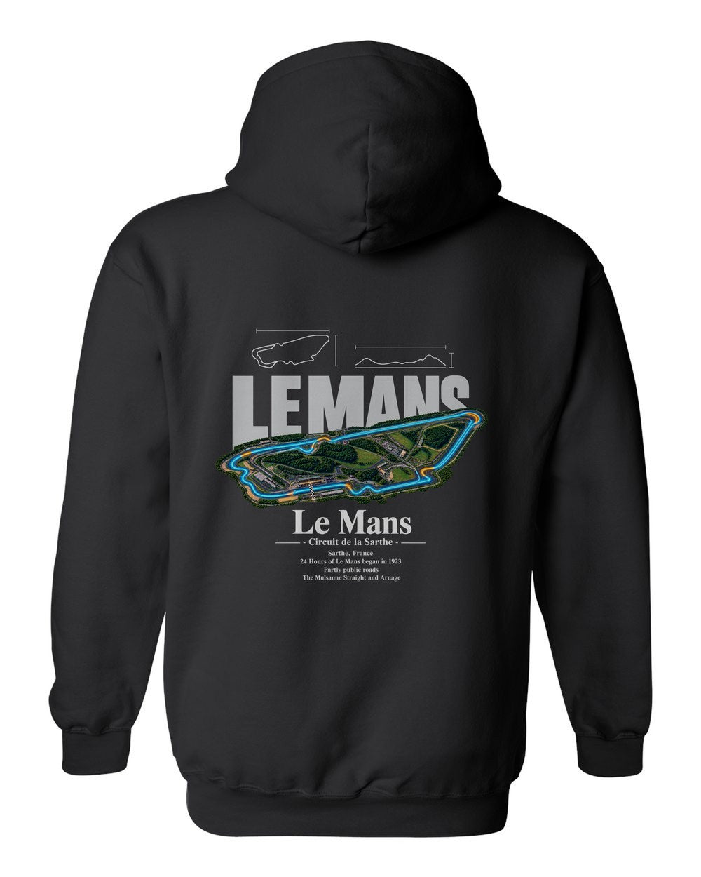 Le Mans black pull over hoodie back view with the design