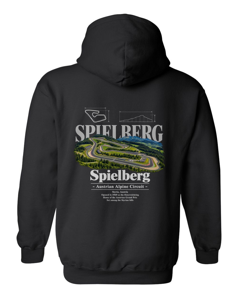 Spielberg black pull over hoodie back view with the design