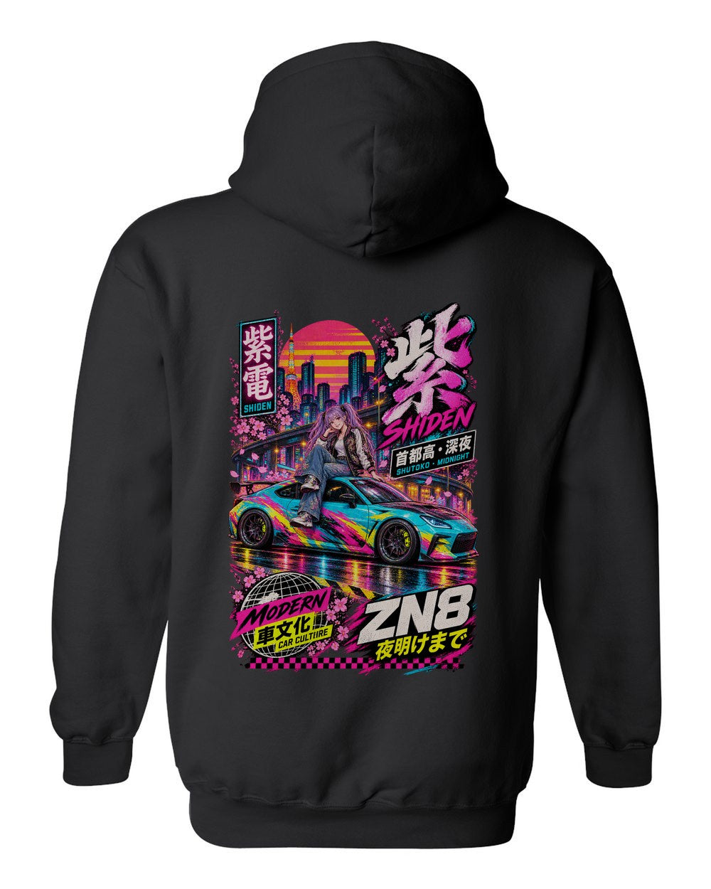 SHIDEN ZN8 full-back artwork black pull over hoodie back view with the design