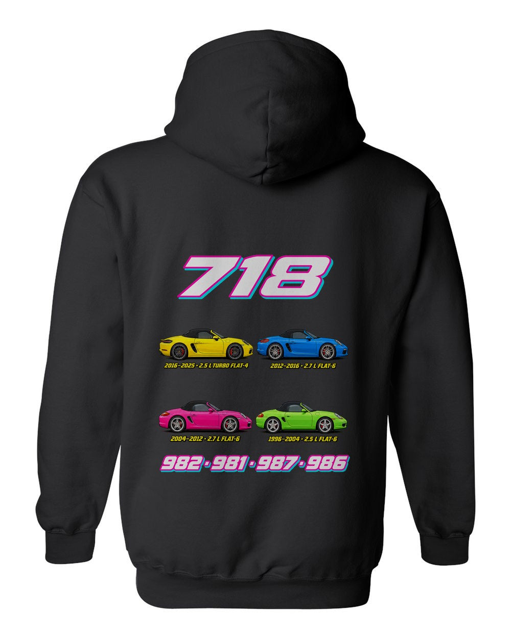 Porsche Boxster 718 evolution poster black pull over hoodie back view with the design