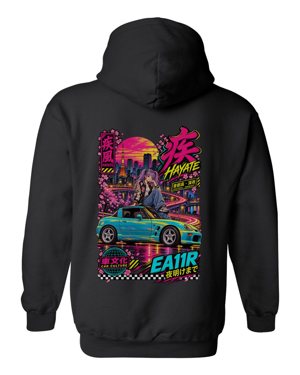 HAYATE EA11R full-back artwork black pull over hoodie back view with the design