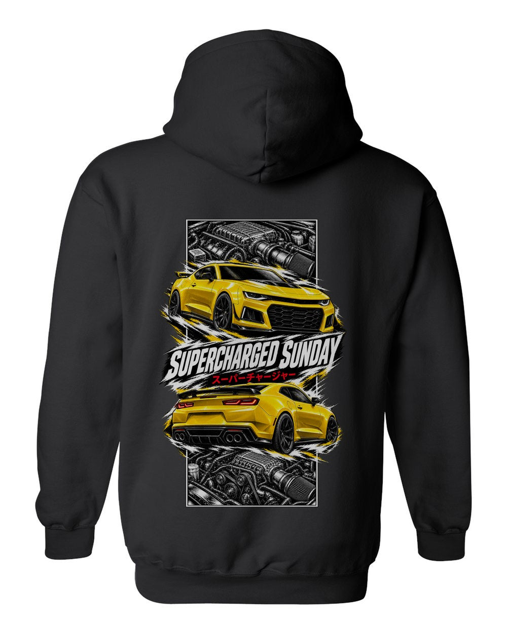 Chevy Camaro ZL1 torn poster black pull over hoodie back view with the design