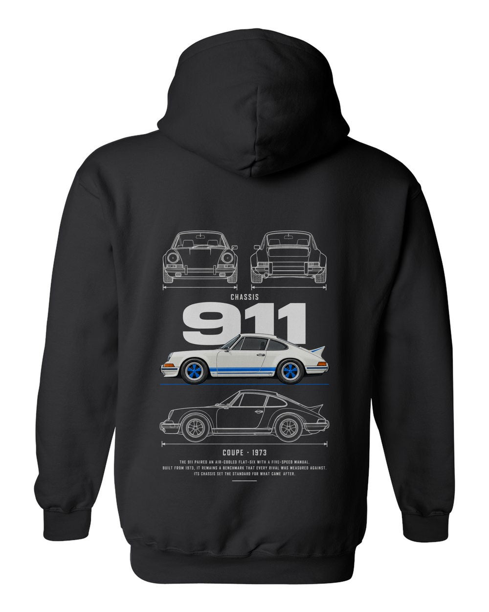 911 full-back artwork black pull over hoodie back view with the design
