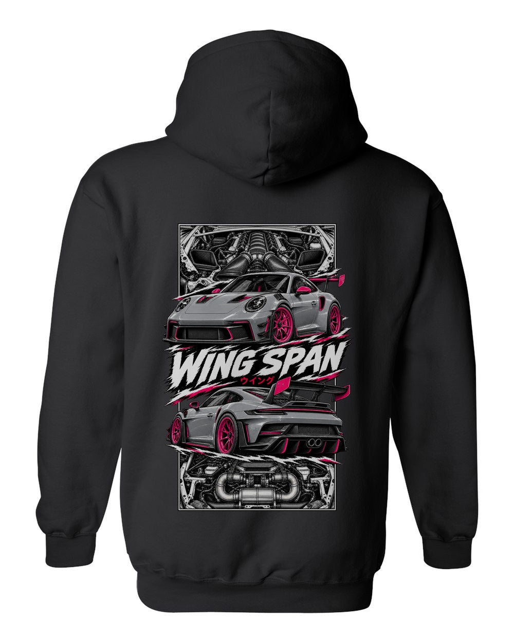 Porsche 992 Gt3 Rs torn poster black pull over hoodie back view with the design