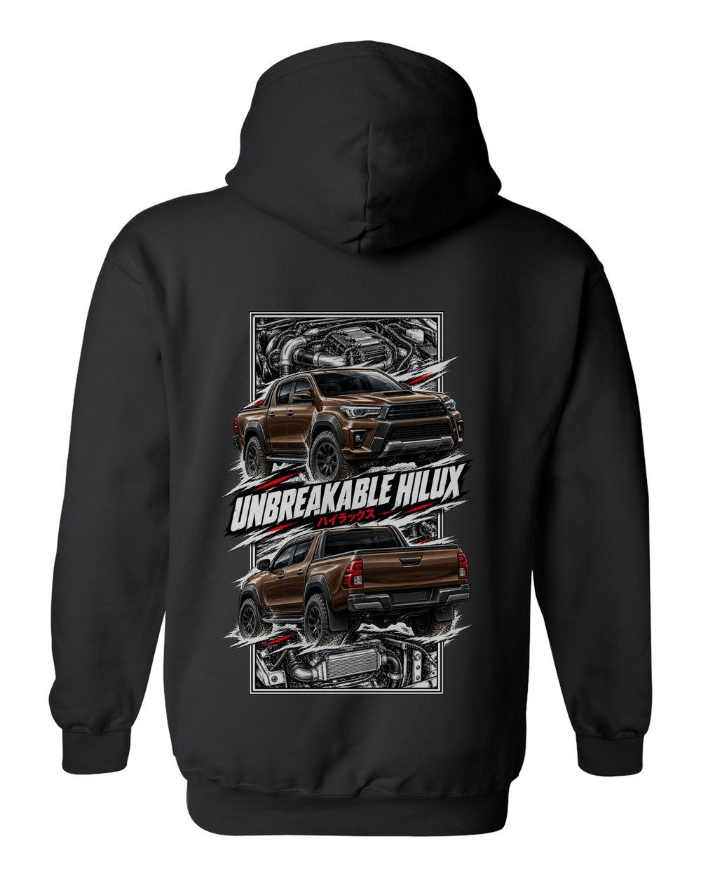 Toyota Hilux torn poster black pull over hoodie back view with the design