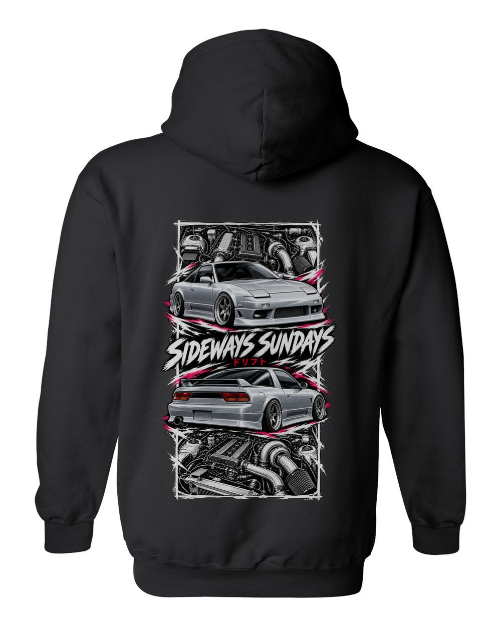 Nissan 180Sx S13 torn poster black pull over hoodie back view with the design