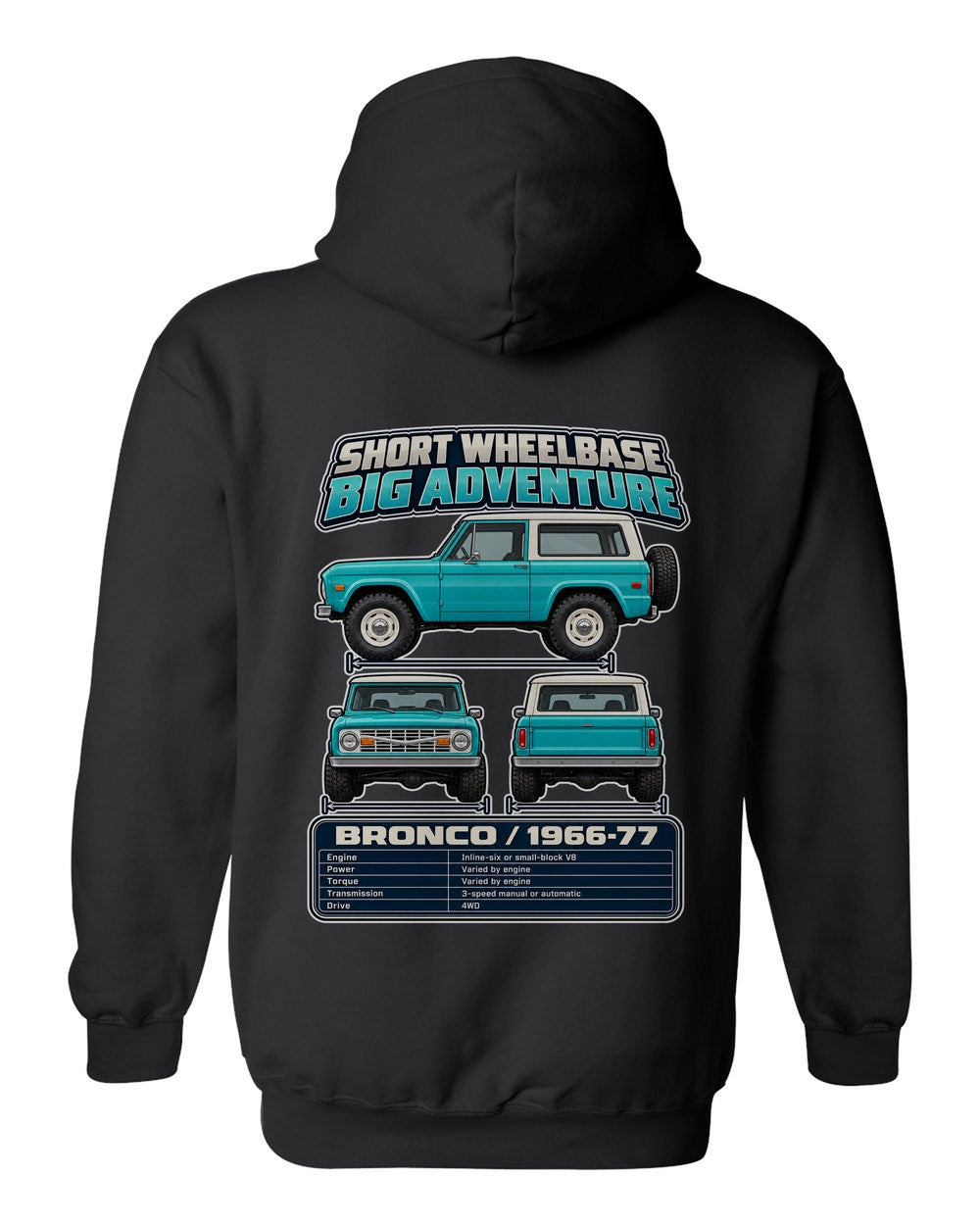 Ford Early Bronco spec sheet black pull over hoodie back view with the design