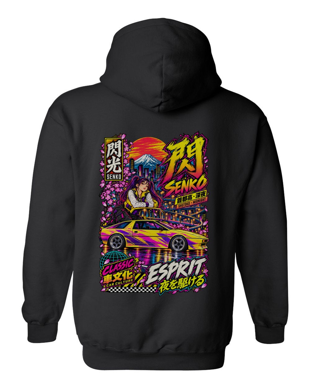 SENKO ESPRIT full-back artwork black pull over hoodie back view with the design