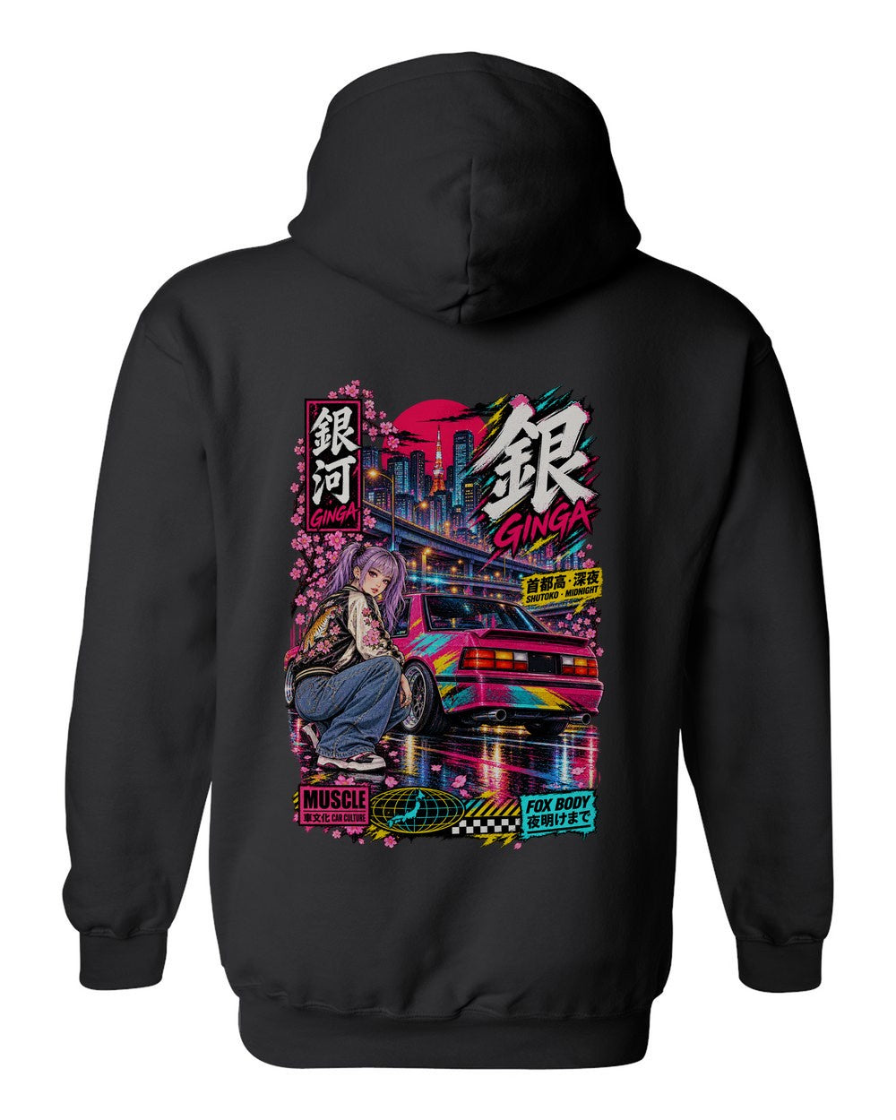 GINGA FOX BODY full-back artwork black pull over hoodie back view with the design
