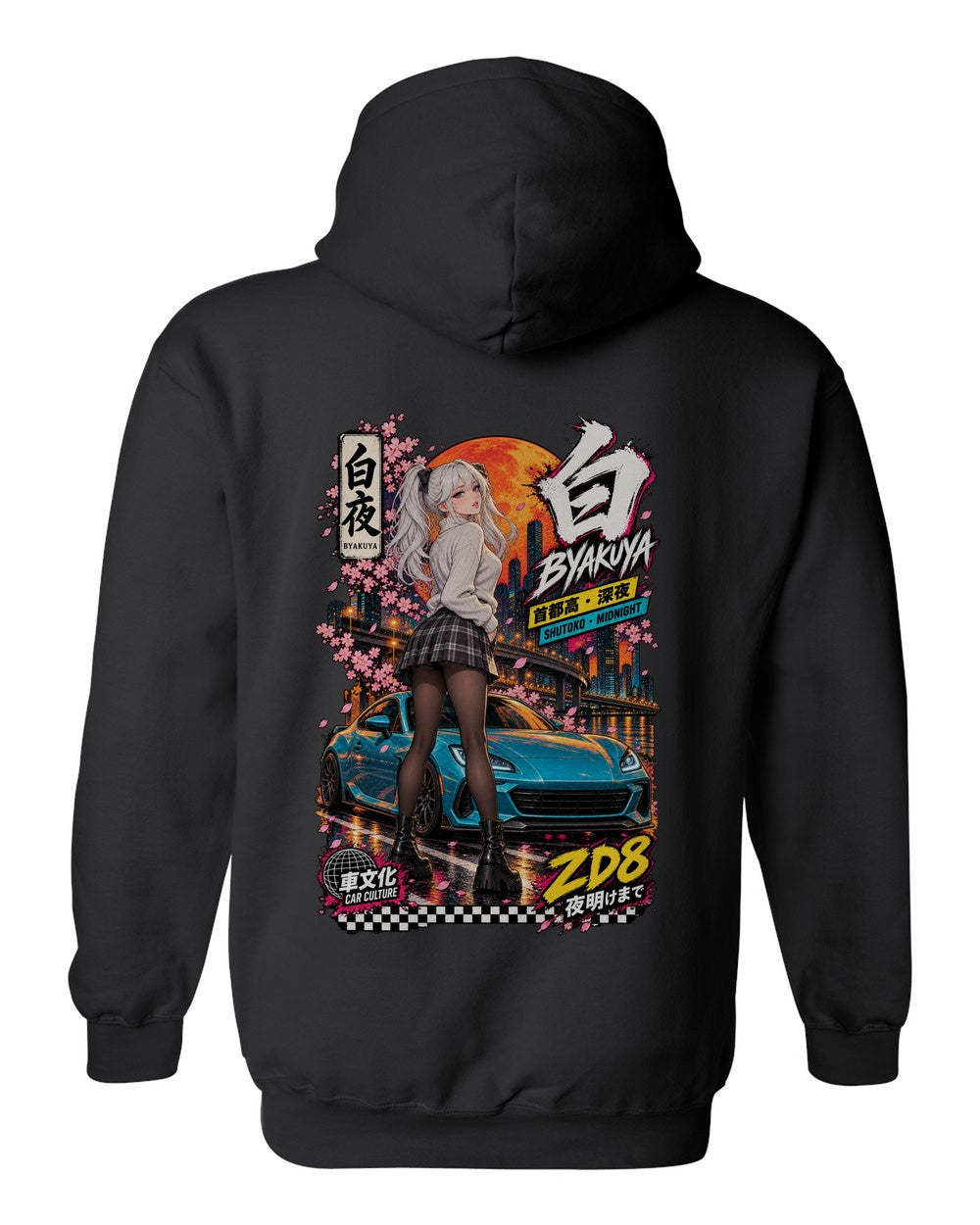 BYAKUYA ZD8 full-back artwork black pull over hoodie back view with the design