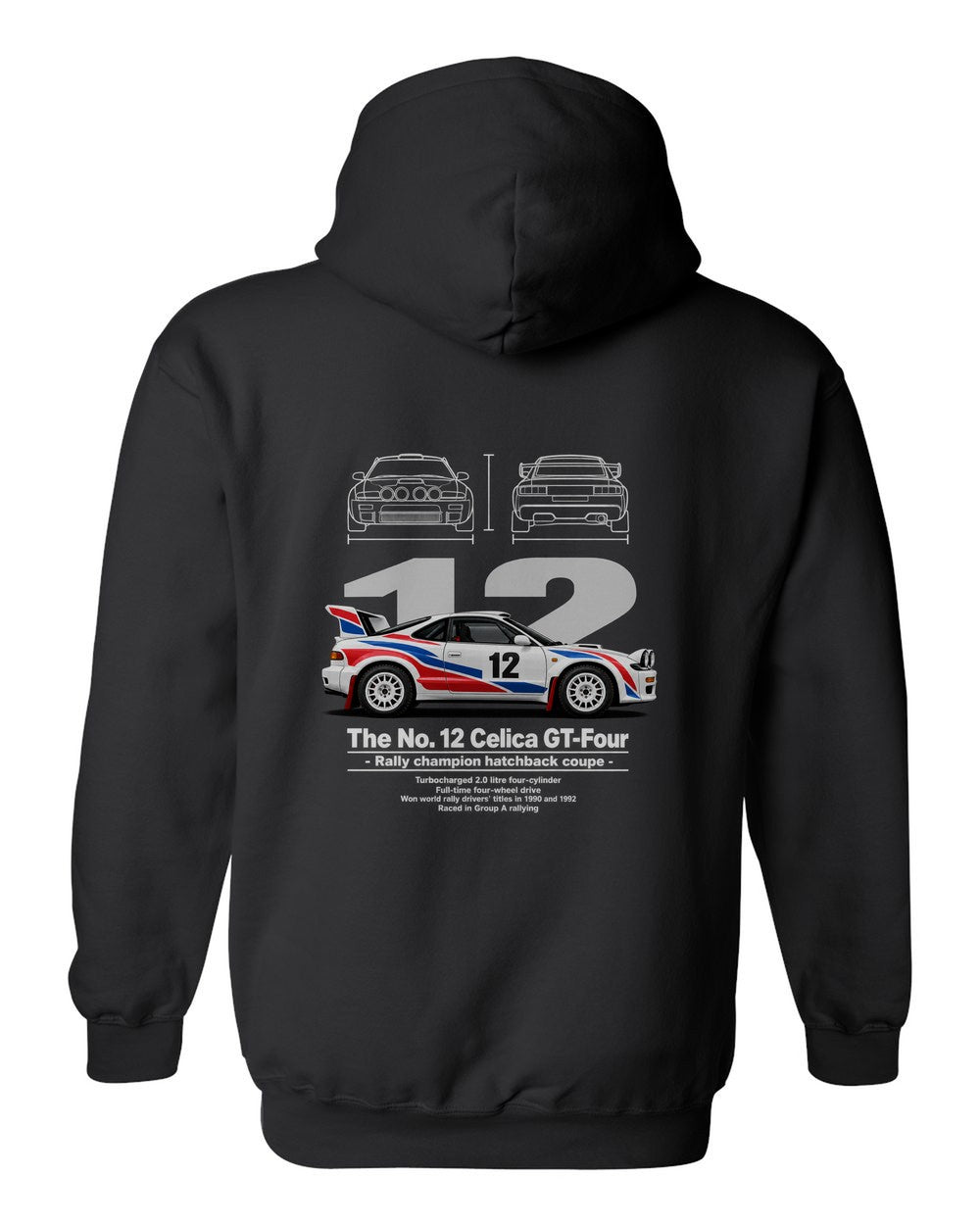 No. 12 Celica GT-Four black pull over hoodie back view with the design