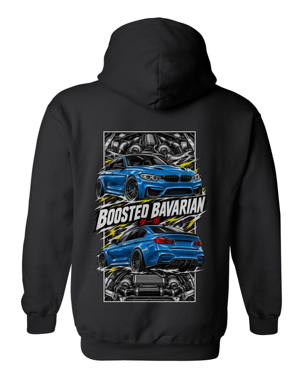 BMW F80 M3 torn poster black pull over hoodie back view with the design