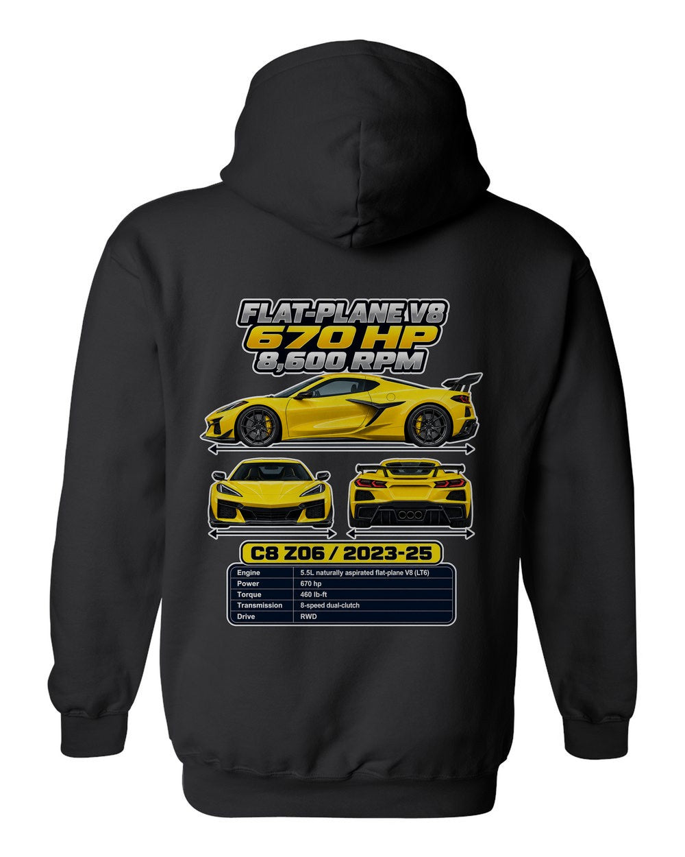 Chevrolet Corvette C8 Z06 spec sheet black pull over hoodie back view with the design