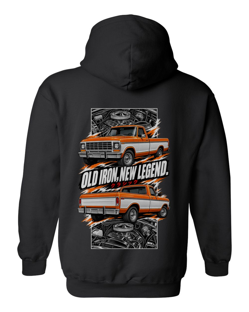 Ford F-150 1978 torn poster black pull over hoodie back view with the design