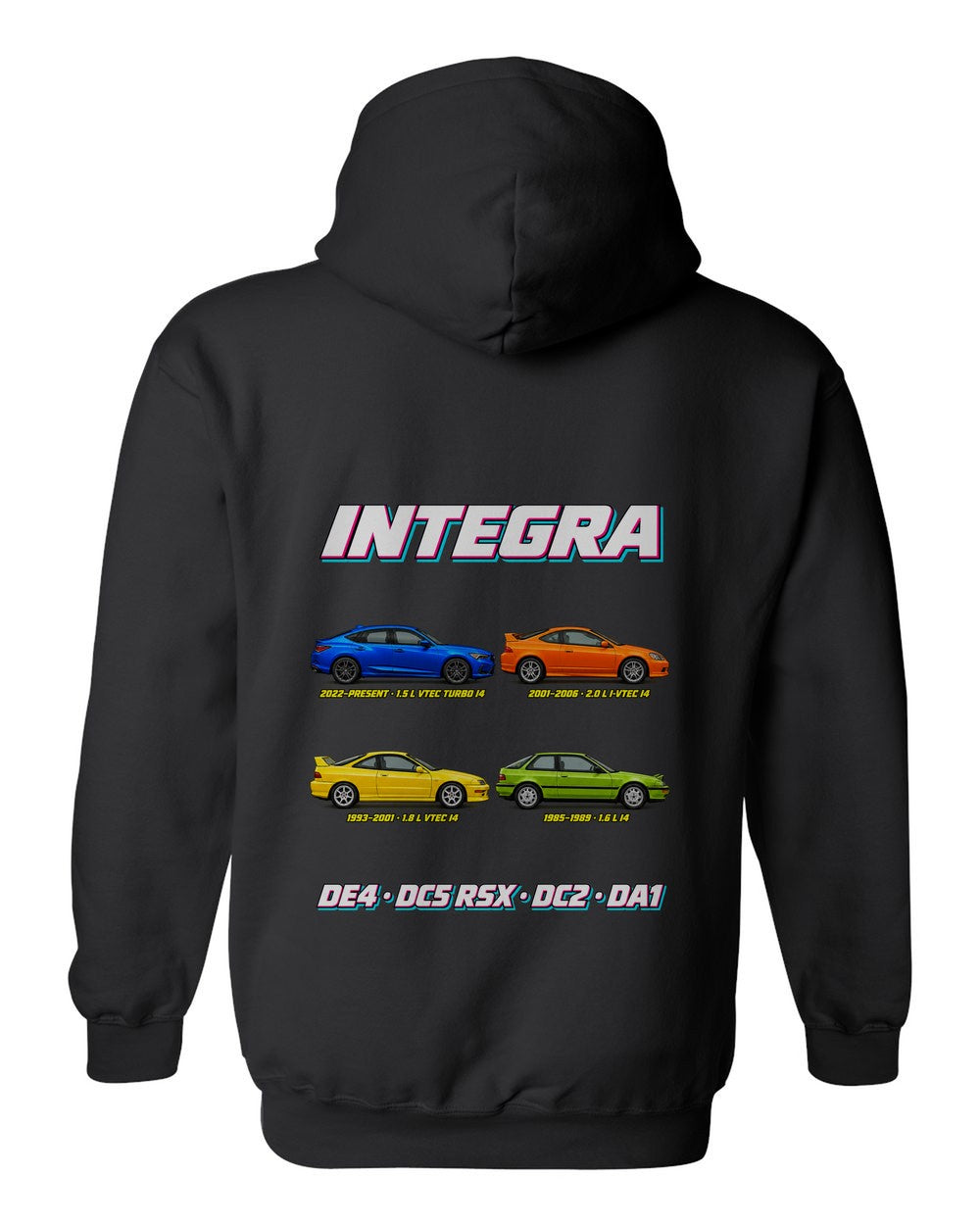 Acura Integra evolution poster black pull over hoodie back view with the design
