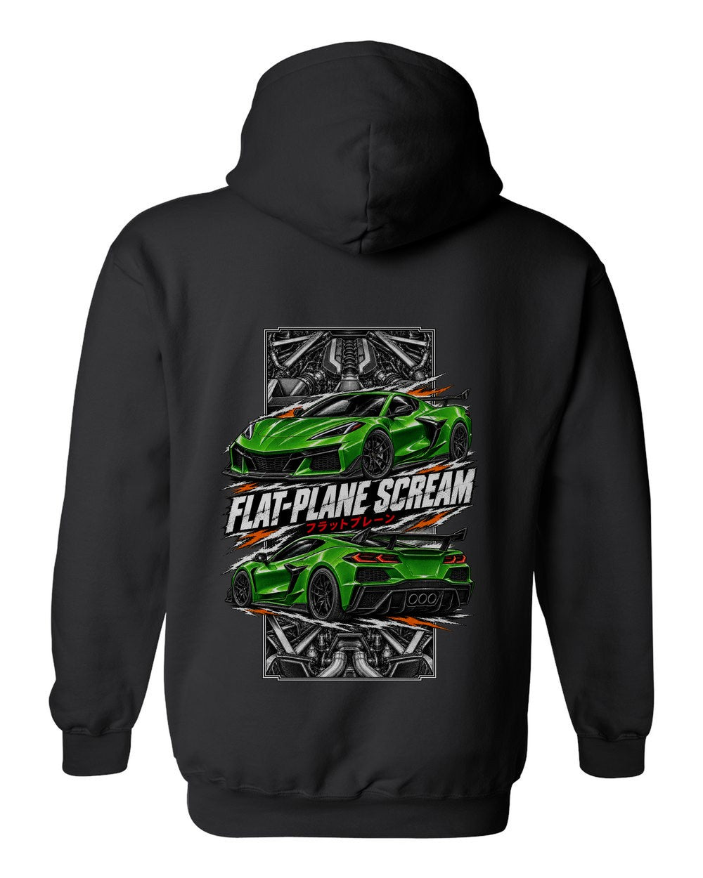 Corvette C8 Z06 torn poster black pull over hoodie back view with the design