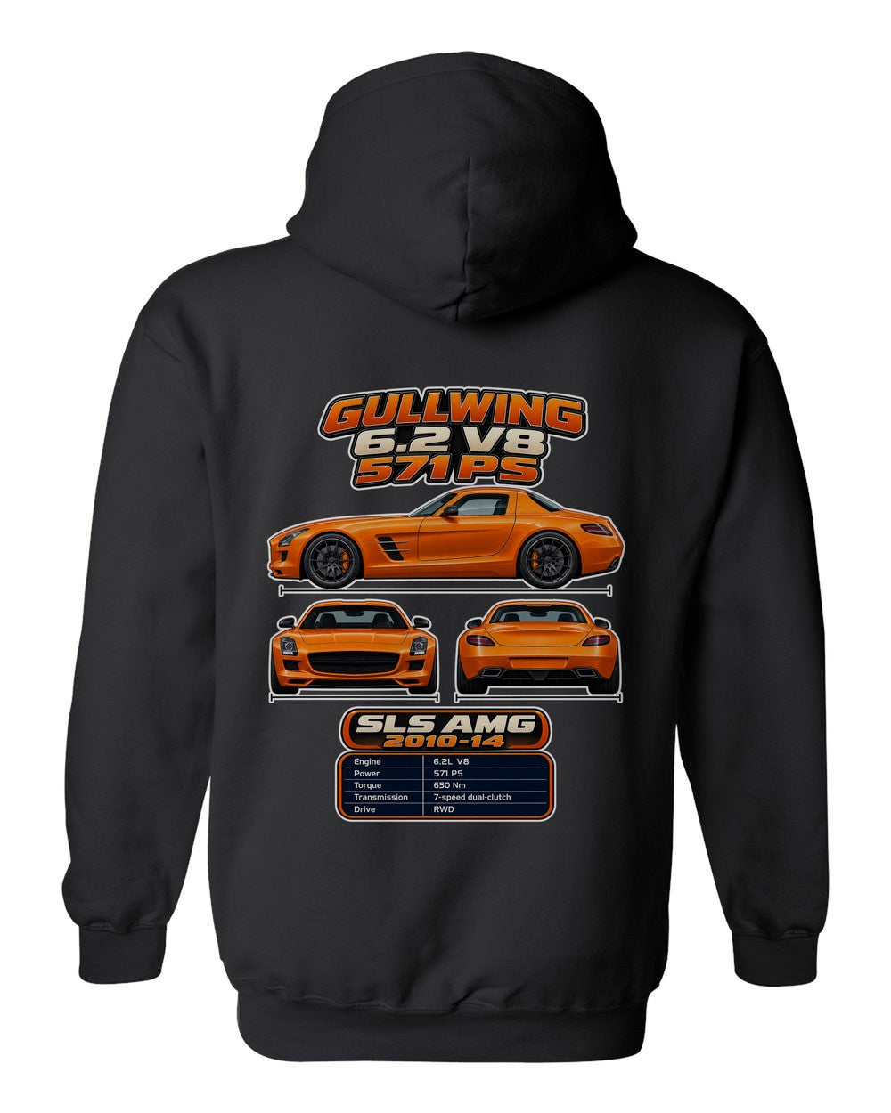 Mercedes Sls AMG spec sheet black pull over hoodie back view with the design