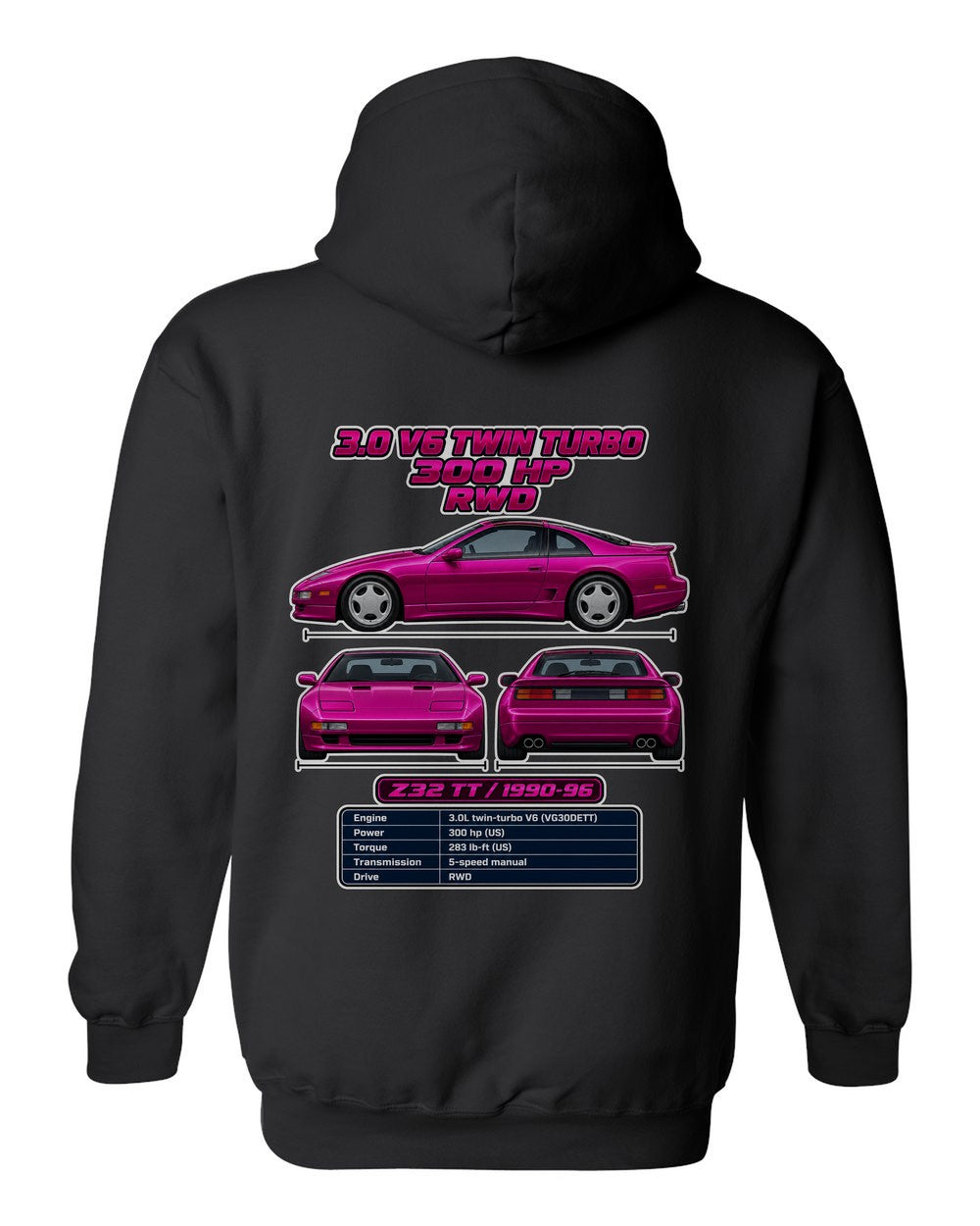 Nissan 300Zx Twin Turbo Z32 spec sheet black pull over hoodie back view with the design