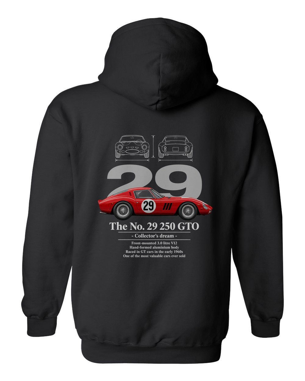 No. 29 250 GTO black pull over hoodie back view with the design