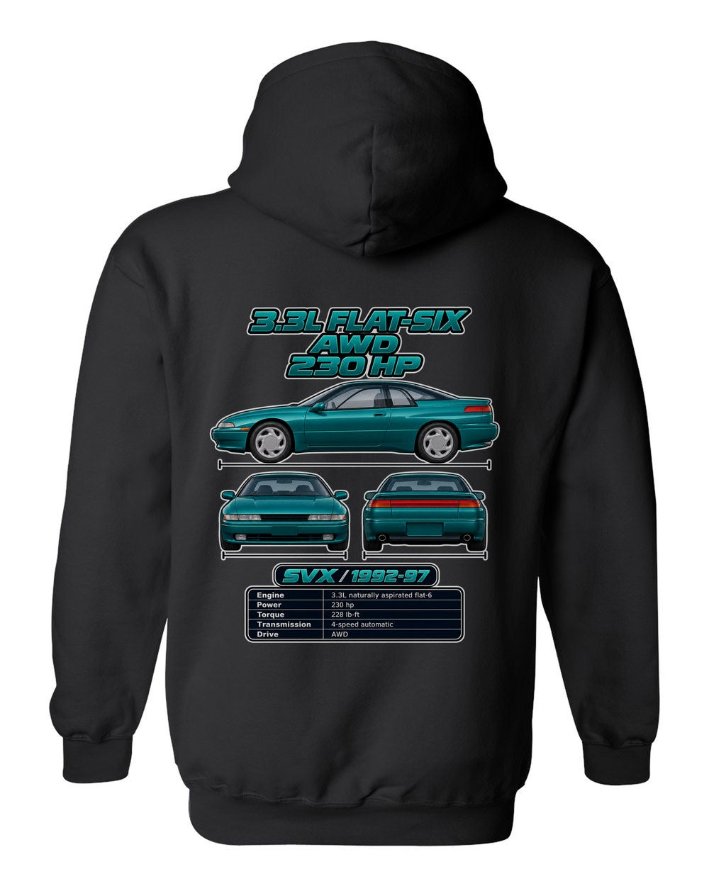 Subaru Svx spec sheet black pull over hoodie back view with the design