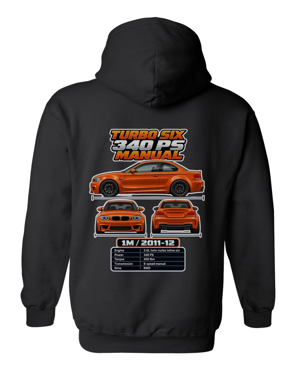 BMW 1 Series M Coupe spec sheet black pull over hoodie back view with the design
