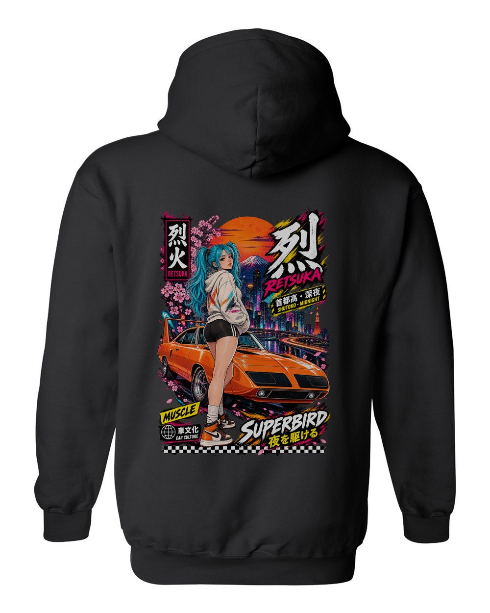 RETSUKA SUPERBIRD full-back artwork black pull over hoodie back view with the design
