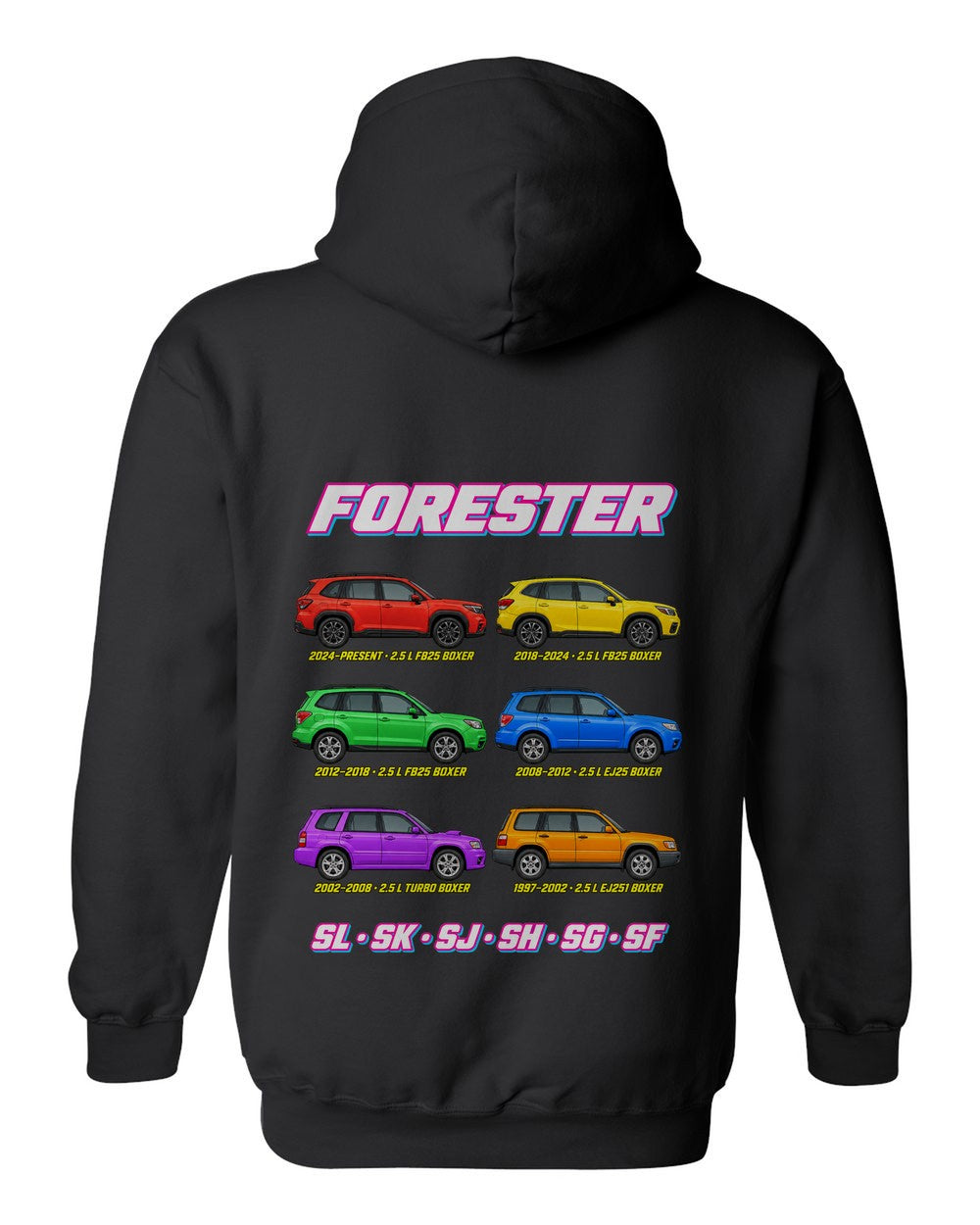 Subaru Forester evolution poster black pull over hoodie back view with the design