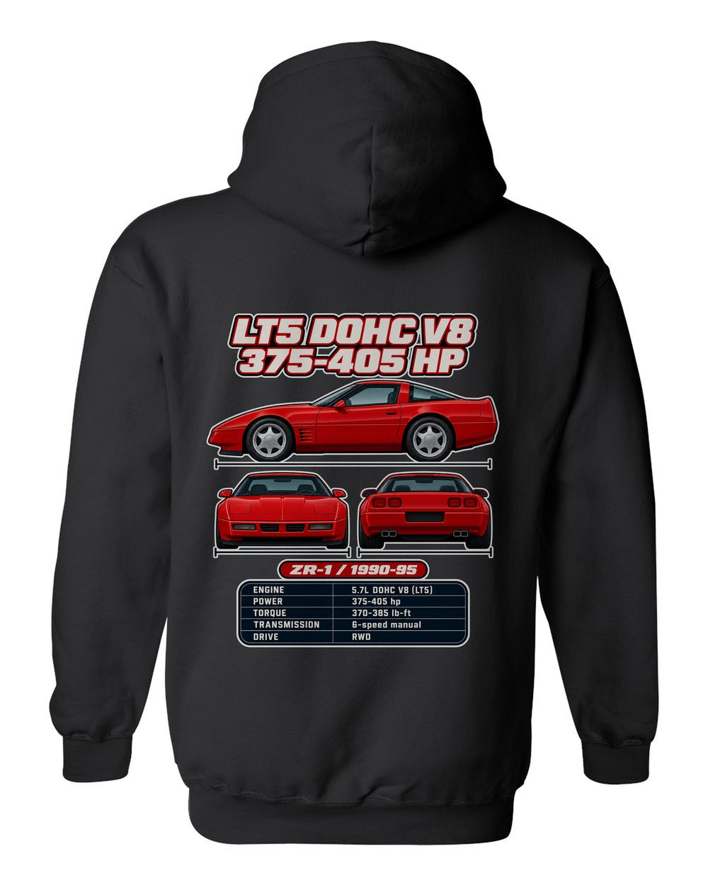 Chevrolet Corvette C4 Zr1 spec sheet black pull over hoodie back view with the design